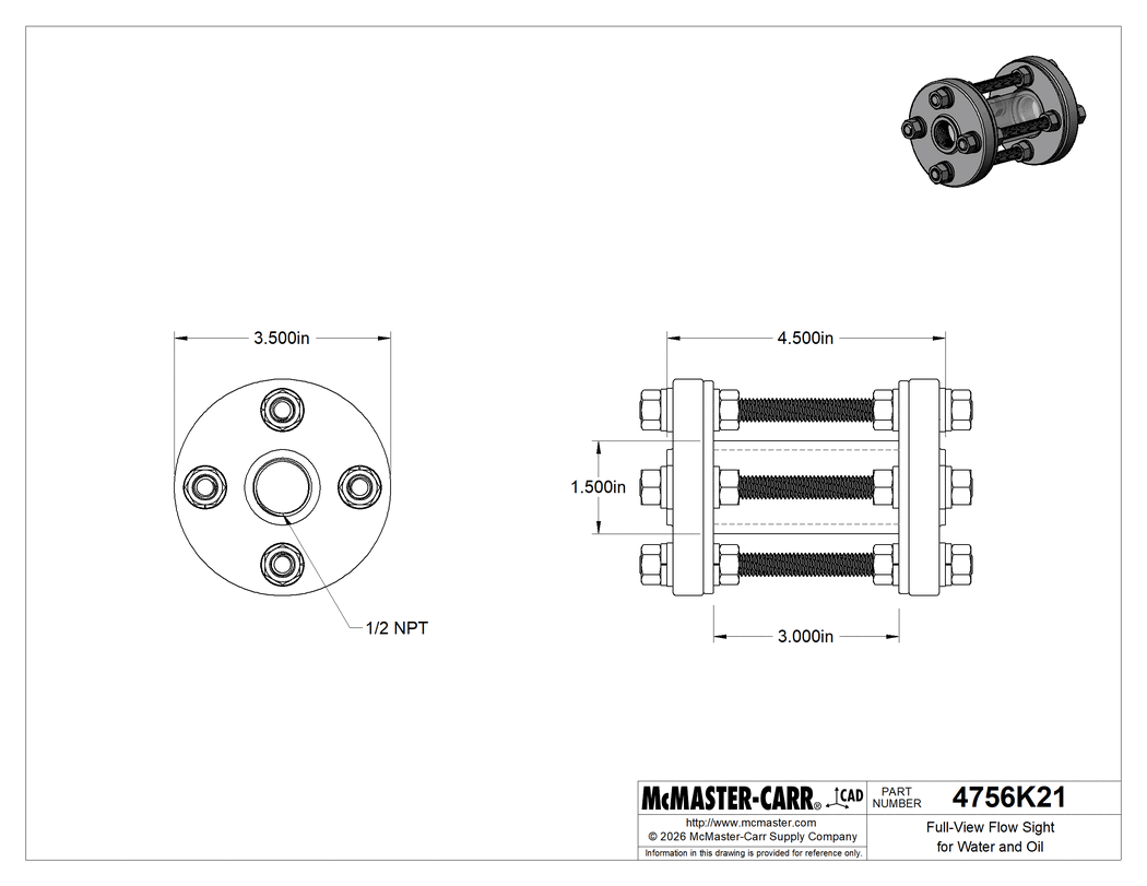 Technical Drawing of Full-View Flow Sight for Water and Oil, 316 Stainless Steel Body, 1/2 NPT Female.